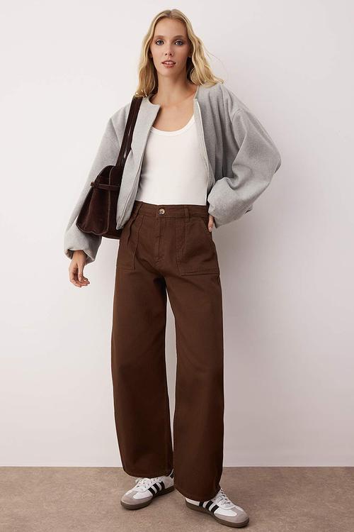 Cotton Barrel Trousers - Brown