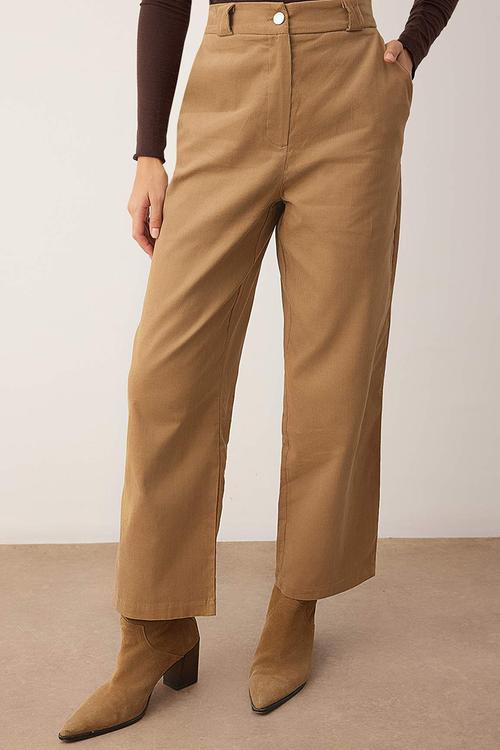 Velvet Straight Leg Trousers - Beige Brown
