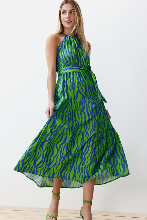 Animal Shift Halter Maxi Woven Dress - Blue & Green