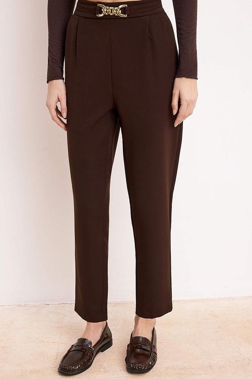 Carrot Fit Trousers with Buckle Detail - Dark Brown