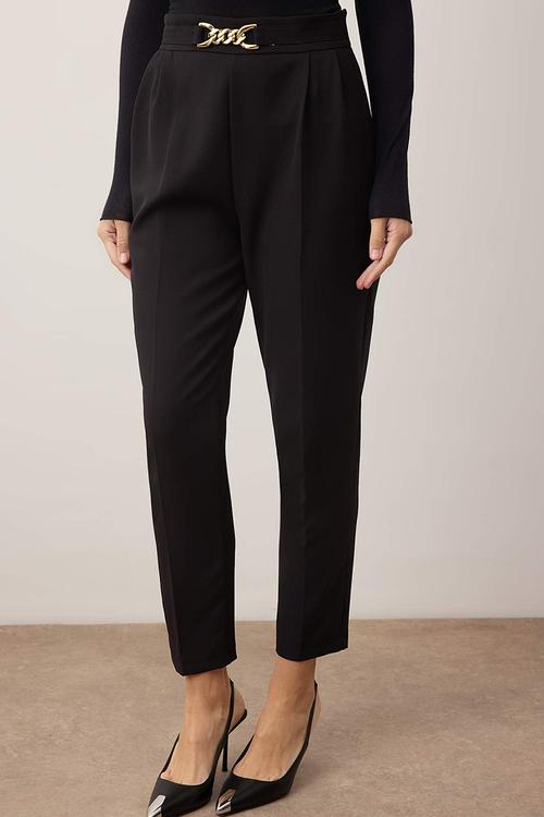 Carrot Fit Trousers with Buckle Detail - Black