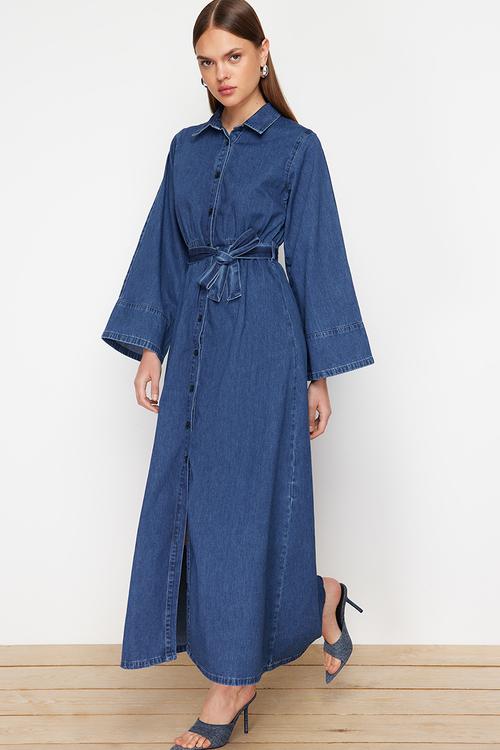 Belted Maxi Denim Shirt Dress - Dark Blue