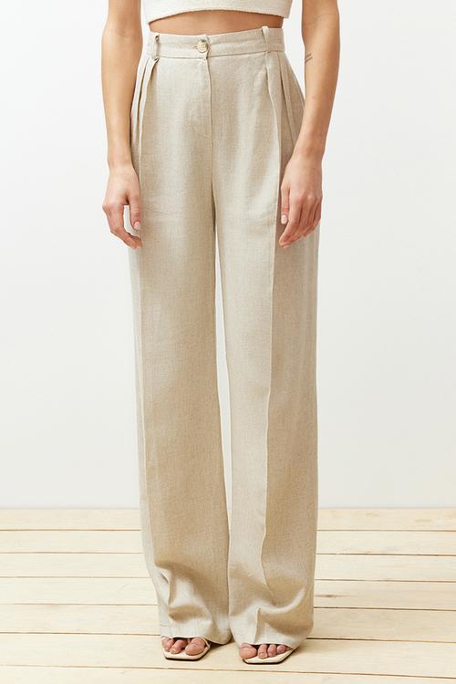 Linen Blend Wide Leg Trousers - Beige