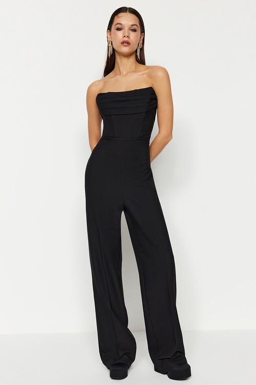 Corset Detailed Woven Jumpsuit - Black