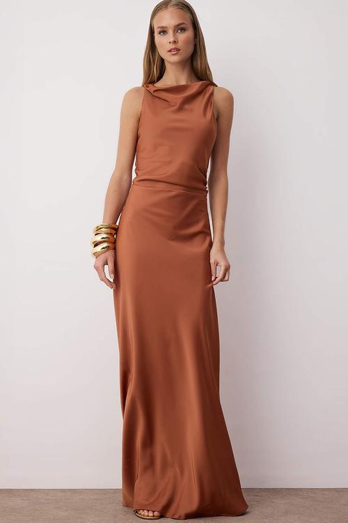 Bodycon Satin Woven Maxi Evening Dress - Brown