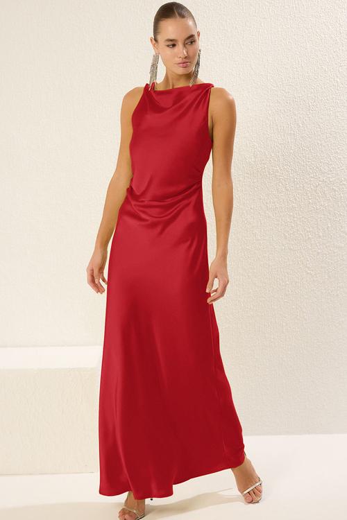 Bodycon Satin Woven Maxi Evening Dress - Red