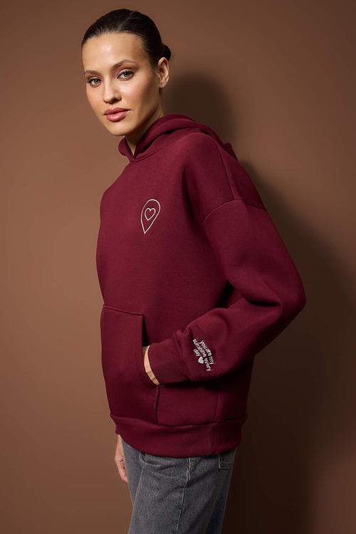 Oversize Wide Fit Hooded Knitted Sweatshirt - Burgundy