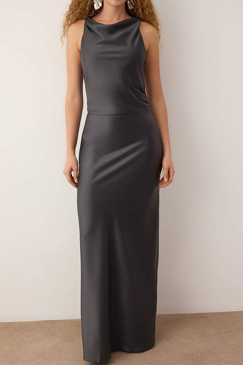 Bodycon Woven Satin Maxi Evening Dress - Anthracite