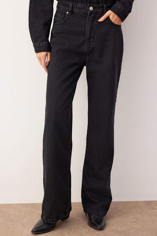 Shirt Collar Wide Leg Denim Overalls - Black