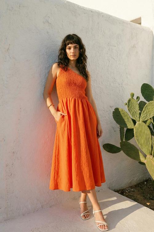 Waist Opening Midi Woven Dress - Orange