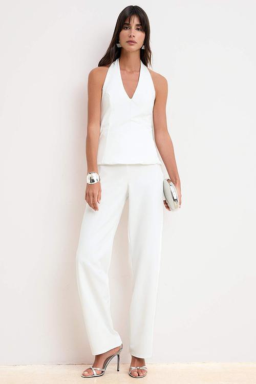 Plain V-Neck Sleeveless Woven Finike Stylish/Night Jumpsuit - Ecru