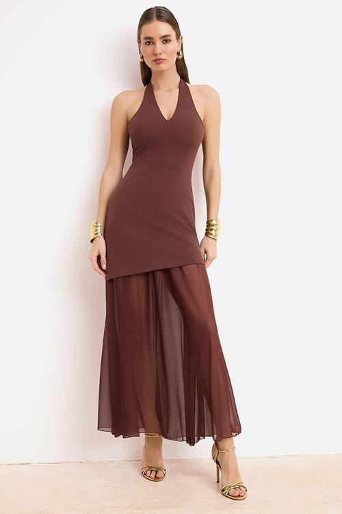 Tulle Detailed Finike Evening Dress - Dark Brown