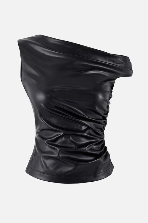 Asymmetric Faux Leather Blouse - Black