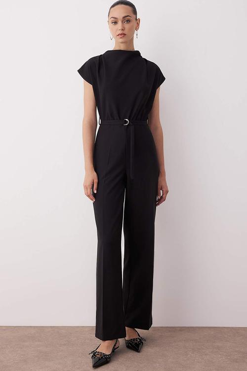 Belted Wide Leg Detachable Collar Jumpsuit - Black