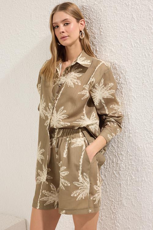 Oversize Linen Look Shirt and Shorts Set - Khaki