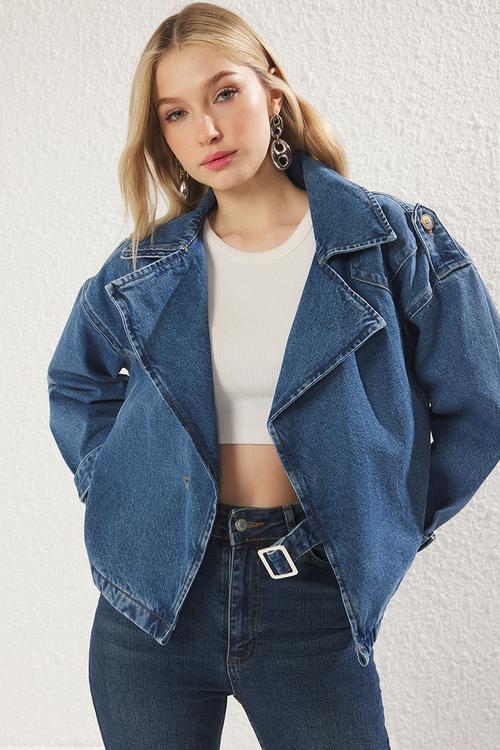 Double Breasted Belt Buckle Oversize Denim Blazer Jacket - Blue
