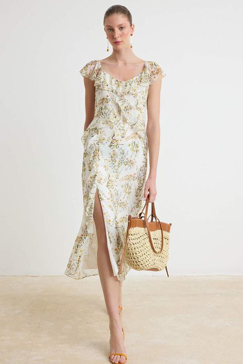 Floral Ruffle A-Line Chiffon Woven Maxi Dress - White