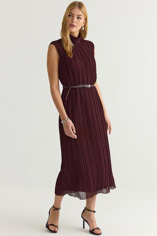 Chiffon Midi Dress with Belt - Burgundy