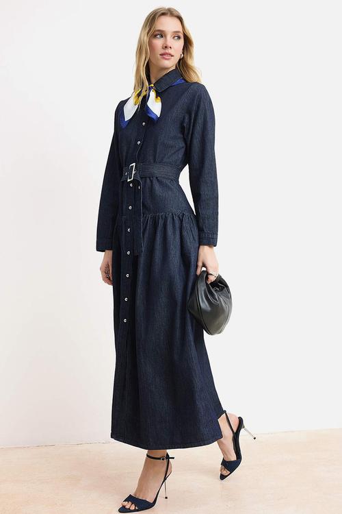 Drape Belted Maxi Denim Dress - Dark Blue