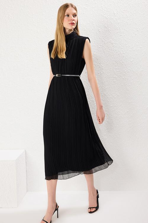 Belted Straight Cut Pleated Midi Lined Chiffon Woven Dress - Black