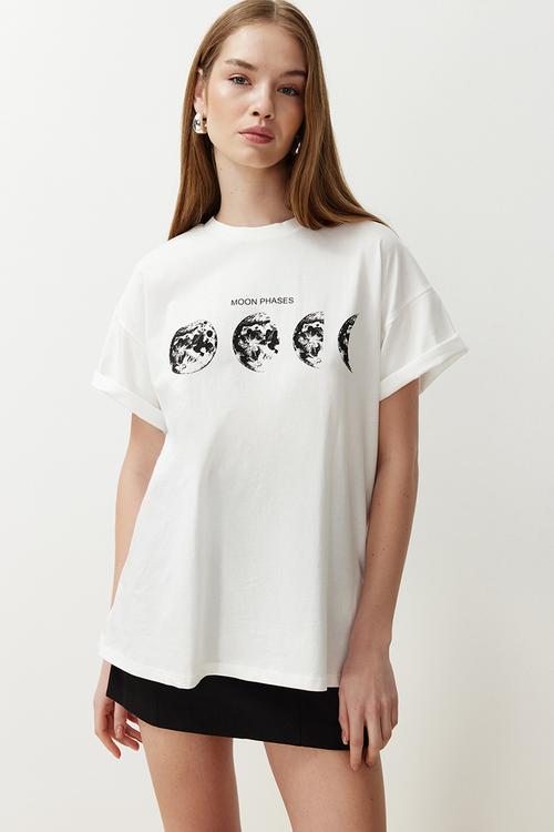 Boyfriend Fit Crew Neck Knitted T-Shirt - Ecru