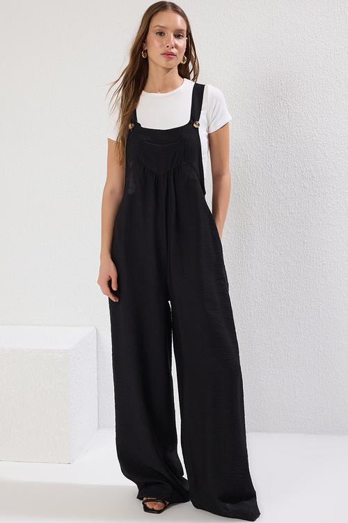 Wide Leg Linen Jumpsuit - Gilet Jersey, Woven - Black