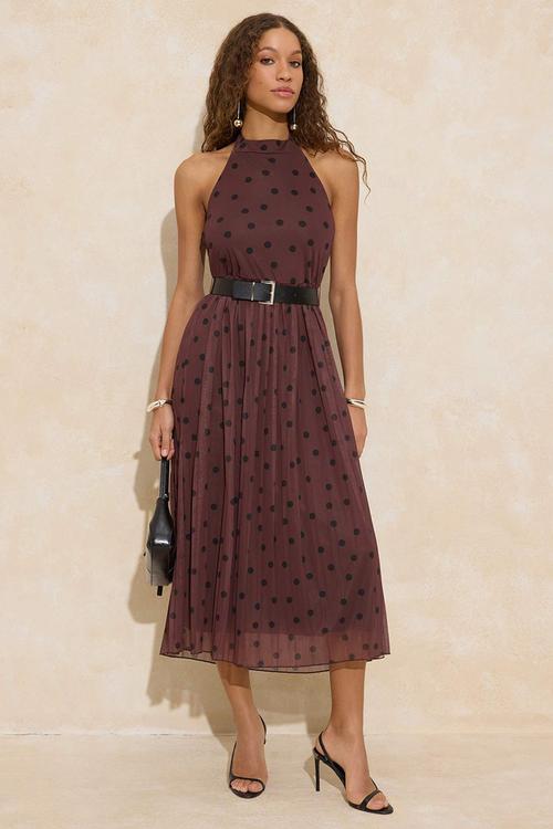 Polka Dot Waist Cutout Halter Neck Pleated Maxi Tulle Knitted Dress - Brown