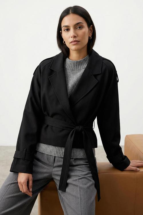 Premium Woven Crop Blazer Jacket - Black