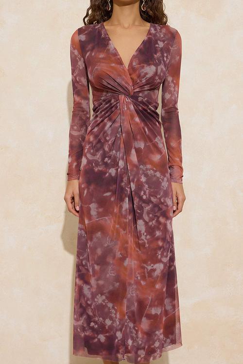 Abstract Floral Pattern Lined Tulle Maxi Dress - Multi-Colored