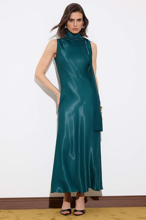 Plain Woven Satin Midi Evening Dress - Emerald Green