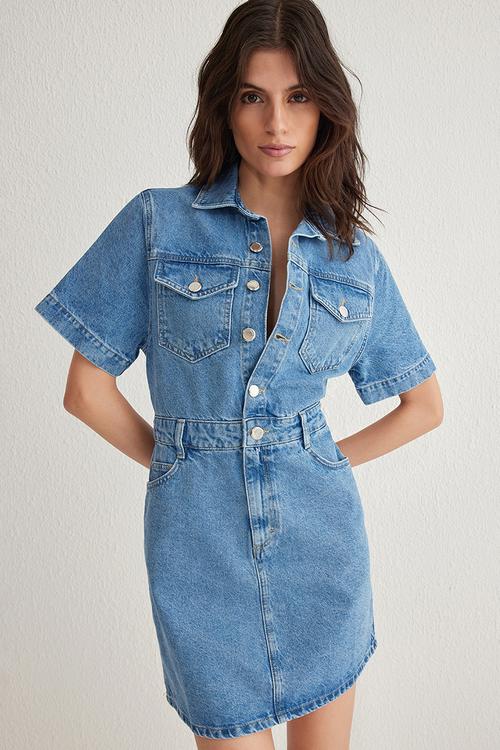 Pocket Detail Short Sleeve Mini Denim Shirt Dress - Blue