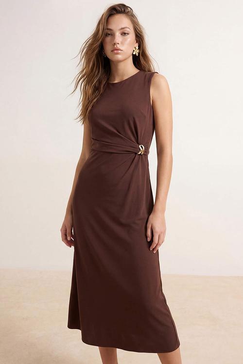 Straight Body Wrap Midi Woven Dress with Accessory Detail - Brown