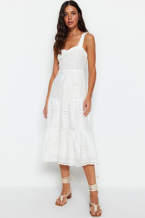 Waist Opening Midi Lined Embroidery Woven Dress - White