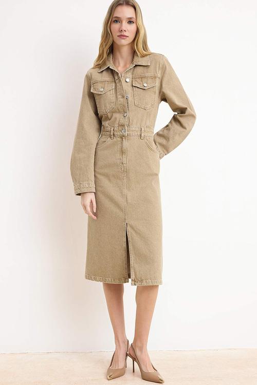 Shirt Collar Maxi Denim Dress - Beige
