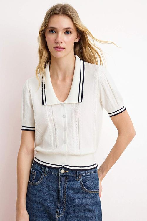 Polo Collar Buttoned Short Sleeve Knitwear - Ecru