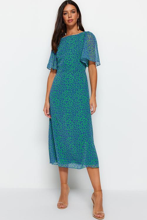 Animal Print A-Line Woven Midi Dress - Green