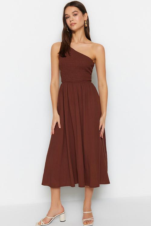 Waist Opening One Shoulder Midi Woven Dress - Brown