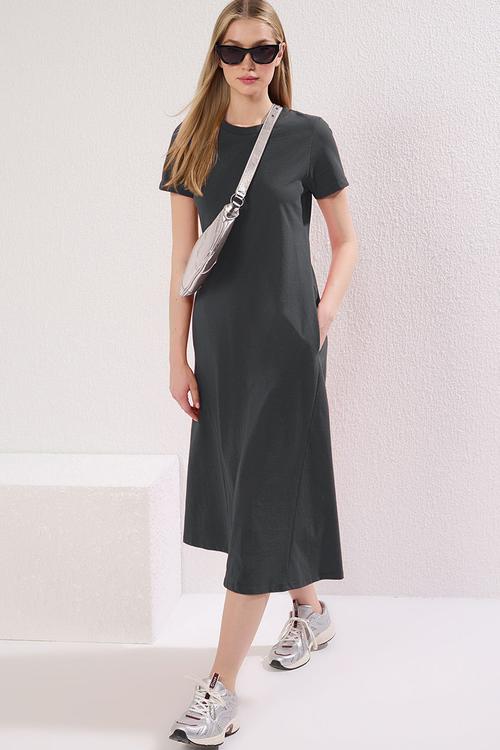 Plain T-Shirt Dress Pocket Midi Knitted Dress - Anthracite