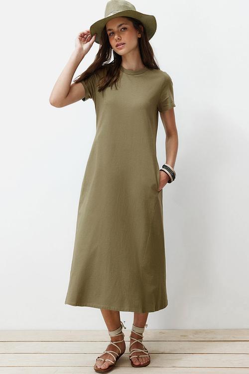 Pocketed A-Line Knitted Midi Dress - Khaki