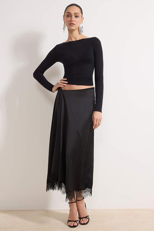 Lace Panel Satin Skirt - Black
