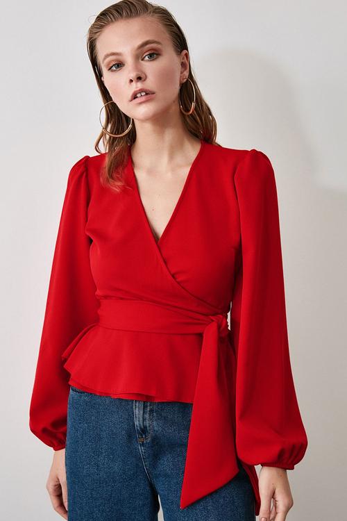 Double-Breasted Blouse with Tie Detail - Red