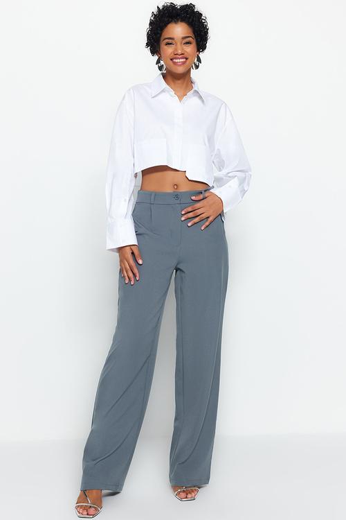 High Waist Pleated Wide Leg Pants - Indigo