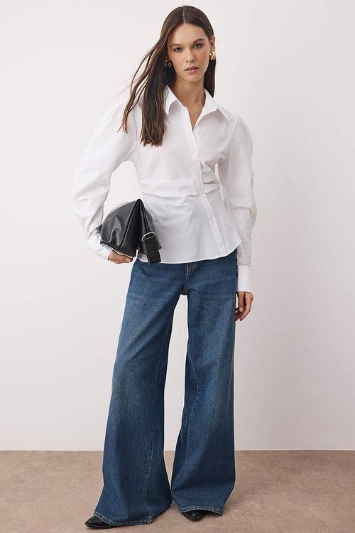 Balloon Sleeve Detailed Asymmetrical Fitted Shirt - White