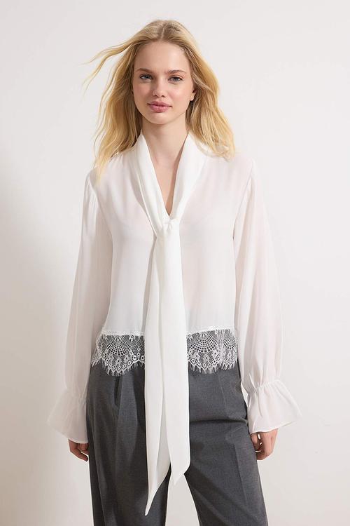 Woven Blouse with Scarf and Lace Detail - White