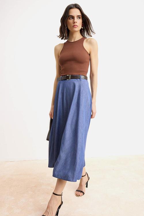 Belted Midi Top Knitted Skirt Denim Look Woven Dress - Multi