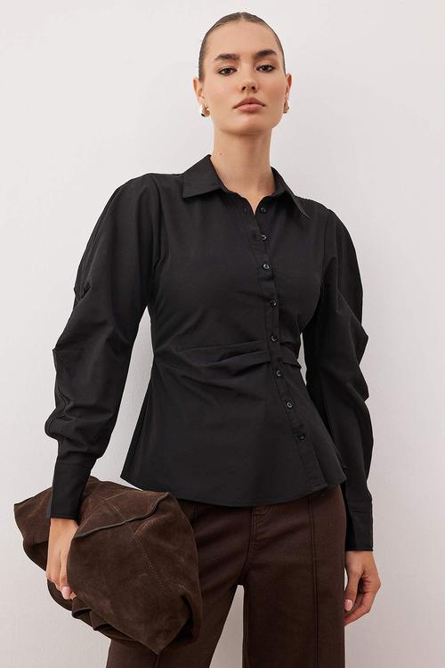 Balloon Sleeve Detailed Asymmetrical Shirt - Black