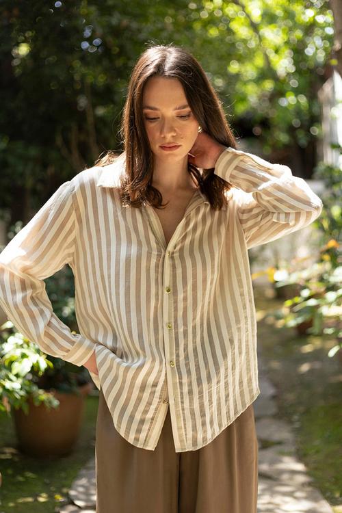 Fit Striped Woven Shirt - Beige