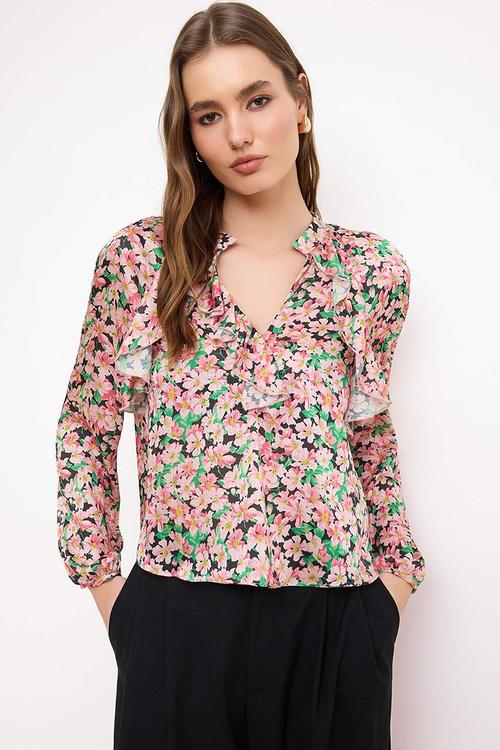 Floral Ruffle Detail Satin Blouse - Pink