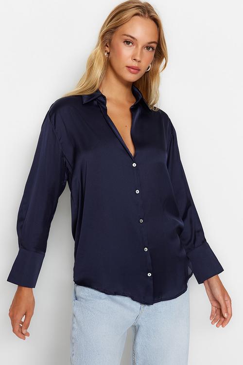 Oversize Satin Woven Shirt - Navy Blue
