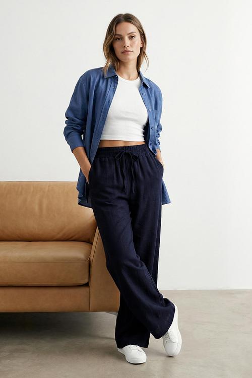 Linen Look Wide Leg Pant - Navy Blue